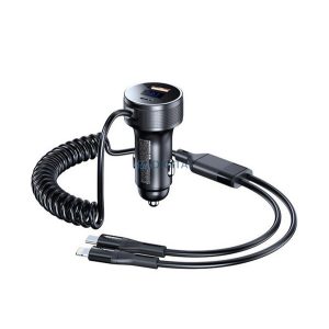 REMAX SAGA autós töltő USB+Type-C aljzat (52W, PD gyorstöltő, LED kijelző + fix Type-C - lightning spriál kábel) FEKETE