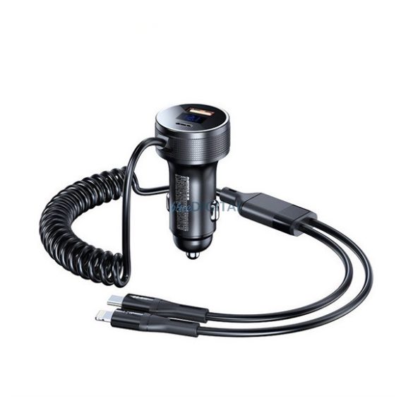 REMAX SAGA autós töltő USB+Type-C aljzat (52W, PD gyorstöltő, LED kijelző + fix Type-C - lightning spriál kábel) FEKETE