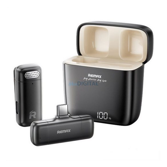 REMAX K13 bluetooth mikrofon (Type-C, LAVALIER csíptethető, zajszűrő + töltőtok) FEKETE