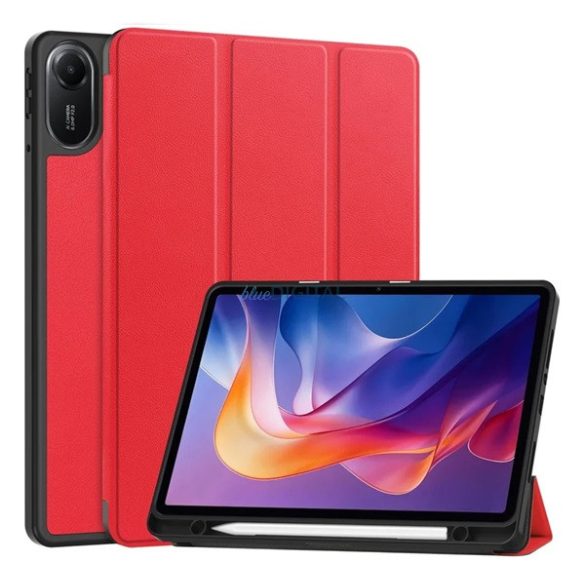 Tok álló, bőr hatású (aktív FLIP, oldalra nyíló, TRIFOLD, asztali tartó, ceruza tartó) PIROS Xiaomi Redmi Pad 2