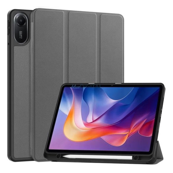 Tok álló, bőr hatású (aktív FLIP, oldalra nyíló, TRIFOLD, asztali tartó, ceruza tartó) SÖTÉTSZÜRKE Xiaomi Redmi Pad 2