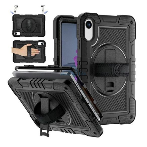 Defender műanyag telefonvédő (ütésállóság, kitámasztó, 360° + kézpánt, vállpánt) FEKETE Xiaomi Redmi Pad 2