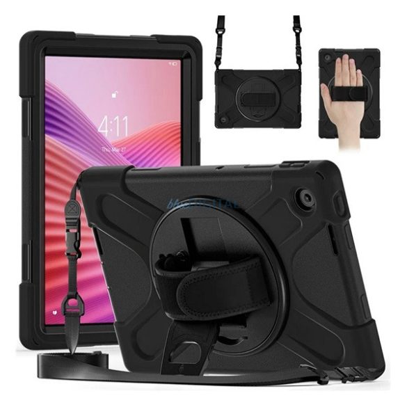 Defender műanyag telefonvédő (ütésállóság, kitámasztó, 360° + kézpánt, vállpánt) FEKETE Lenovo Tab 10.1 (TB-311FU)