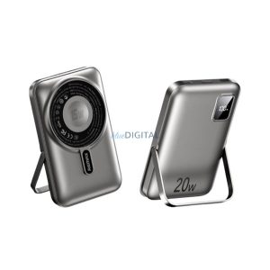 REMAX vésztöltő USB+Type-C aljzat (10000mAh, 15W, wireless, MagSafe, kitámasztó + fix Type-C - lightning kábel) SZÜRKE