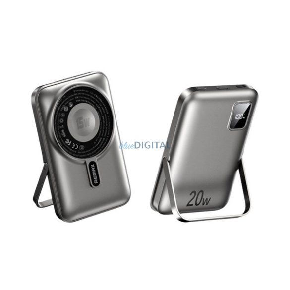 REMAX vésztöltő USB+Type-C aljzat (10000mAh, 15W, wireless, MagSafe, kitámasztó + fix Type-C - lightning kábel) SZÜRKE