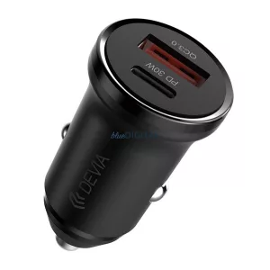 DEVIA SMART MINI autós töltő USB+Type-C aljzat (30W, PD gyorstöltő 3.0) FEKETE