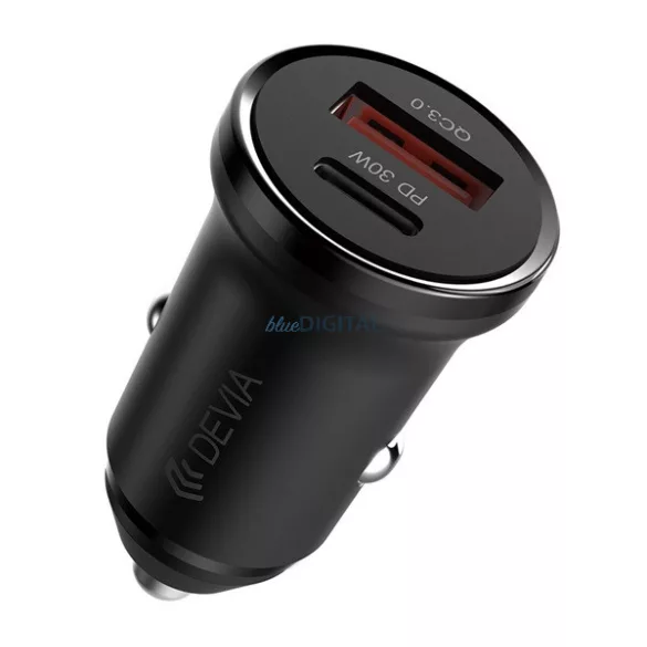 DEVIA SMART MINI autós töltő USB+Type-C aljzat (30W, PD gyorstöltő 3.0) FEKETE