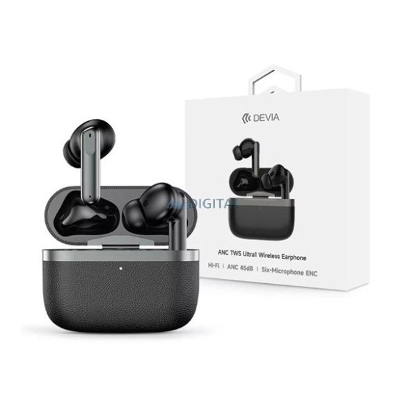 DEVIA ULTRA1 bluetooth fülhallgató SZTEREO (v5.4, TWS, mikrofon, aktív zajszűrő, bőr hatás + töltőtok) FEKETE