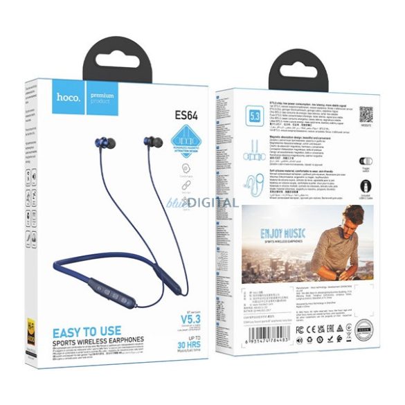 HOCO ES64 bluetooth fülhallgató SZTEREO (v5.4, nyakba akasztható, mikrofon, SPORT) SÖTÉTKÉK