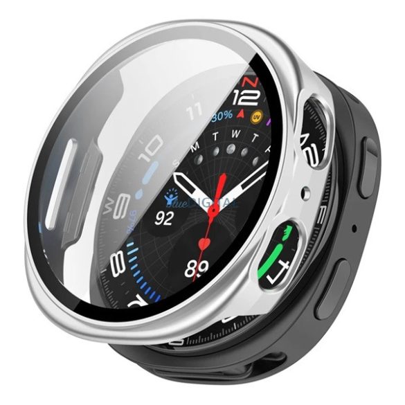 Műanyag keret (BUMPER, ütésállóság + kijelzővédő üveg) EZÜST Samsung Galaxy Watch 8 eSIM 44mm (SM-L335), Galaxy Watch 8 44mm (SM-L330)