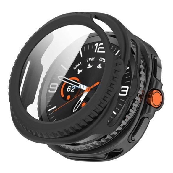 Műanyag keret (BUMPER, ütésállóság + kijelzővédő üveg) FEKETE Samsung Galaxy Watch 8 Classic 46mm (SM-L500), Galaxy Watch 8 Classic eSIM 46mm (SM-L505)