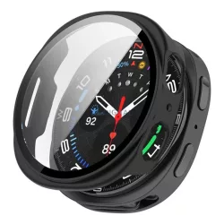   Műanyag keret (BUMPER, ütésállóság + kijelzővédő üveg) FEKETE Samsung Galaxy Watch 8 eSIM 44mm (SM-L335), Galaxy Watch 8 44mm (SM-L330)