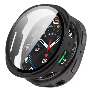 Műanyag keret (BUMPER, ütésállóság + kijelzővédő üveg) FEKETE Samsung Galaxy Watch 8 eSIM 44mm (SM-L335), Galaxy Watch 8 44mm (SM-L330)