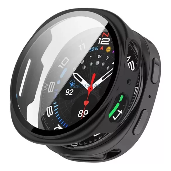 Műanyag keret (BUMPER, ütésállóság + kijelzővédő üveg) FEKETE Samsung Galaxy Watch 8 eSIM 44mm (SM-L335), Galaxy Watch 8 44mm (SM-L330)
