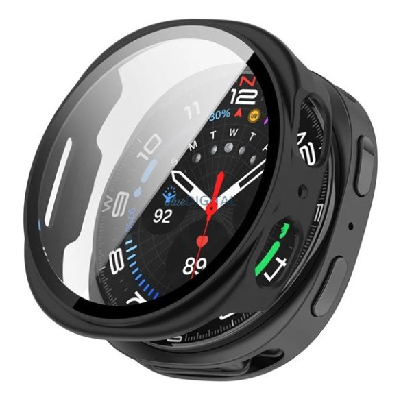 Műanyag keret (BUMPER, ütésállóság + kijelzővédő üveg) FEKETE Samsung Galaxy Watch 8 eSIM 40mm (SM-L325), Galaxy Watch 8 40mm (SM-L320)