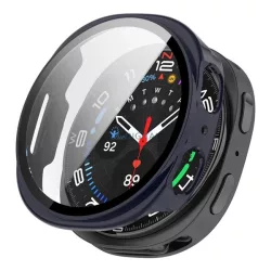   Műanyag keret (BUMPER, ütésállóság + kijelzővédő üveg) SÖTÉTKÉK Samsung Galaxy Watch 8 eSIM 40mm (SM-L325), Galaxy Watch 8 40mm (SM-L320)