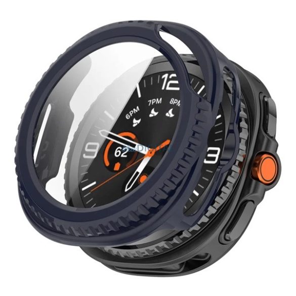 Műanyag keret (BUMPER, ütésállóság + kijelzővédő üveg) SÖTÉTKÉK Samsung Galaxy Watch 8 Classic 46mm (SM-L500), Galaxy Watch 8 Classic eSIM 46mm (SM-L505)