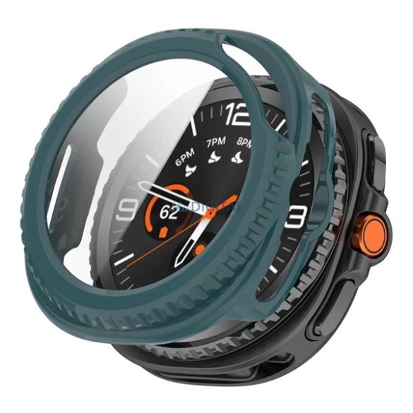 Műanyag keret (BUMPER, ütésállóság + kijelzővédő üveg) SÖTÉTZÖLD Samsung Galaxy Watch 8 Classic 46mm (SM-L500), Galaxy Watch 8 Classic eSIM 46mm (SM-L505)