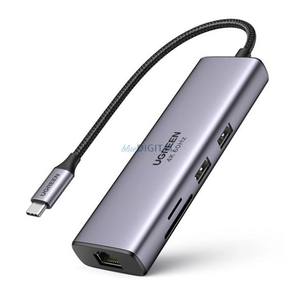 UGREEN CM512 Type-C HUB 7in1 (elosztó, + USB+Type-C+HDMI+RJ45 aljzat, TF/microSD kártyaolvasó) SÖTÉTSZÜRKE