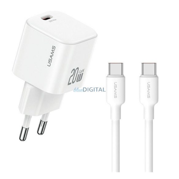 USAMS JO hálózati töltő Type-C aljzat (20W, PD gyorstöltő + Type-C kábel) FEHÉR