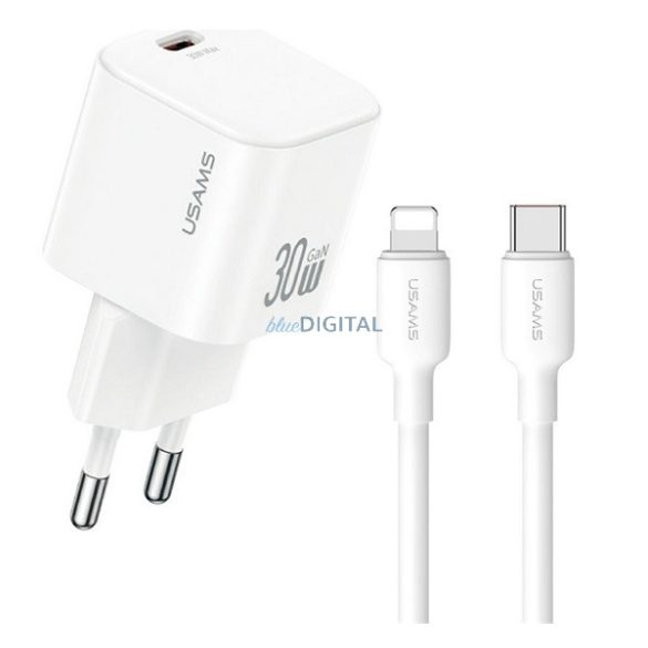 USAMS JO hálózati töltő Type-C aljzat (30W, PD gyorstöltő + lightning kábel) FEHÉR