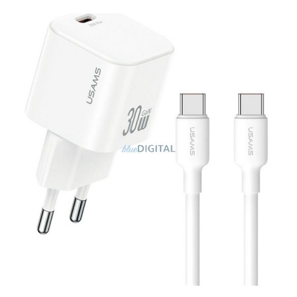 USAMS JO hálózati töltő Type-C aljzat (30W, PD gyorstöltő + Type-C kábel) FEHÉR
