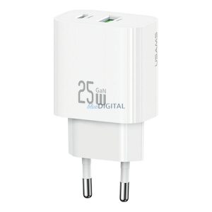 USAMS T65 hálózati töltő USB+Type-C aljzat (25W, PD gyorstöltő) FEHÉR