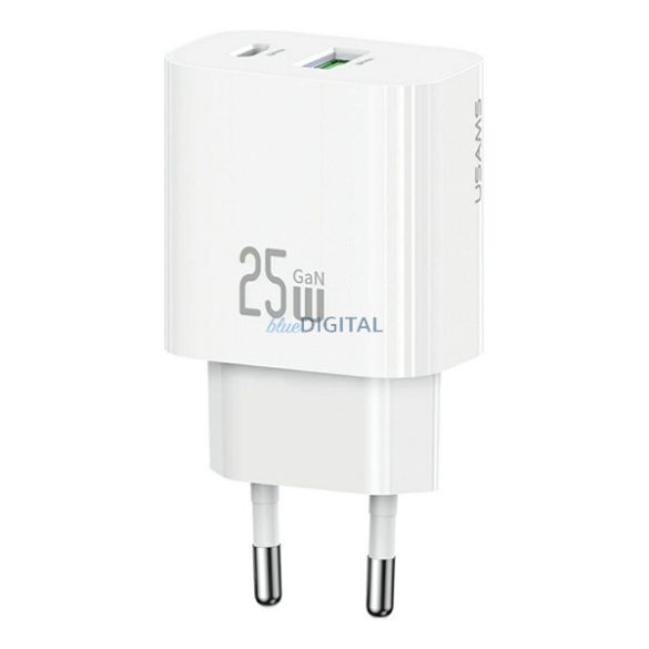 USAMS T65 hálózati töltő USB+Type-C aljzat (25W, PD gyorstöltő) FEHÉR