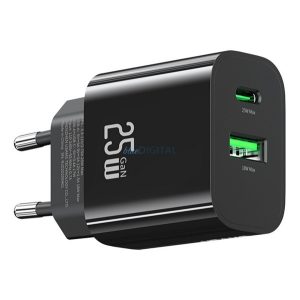 USAMS T65 hálózati töltő USB+Type-C aljzat (25W, PD gyorstöltő) FEKETE