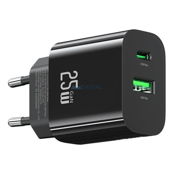 USAMS T65 hálózati töltő USB+Type-C aljzat (25W, PD gyorstöltő) FEKETE