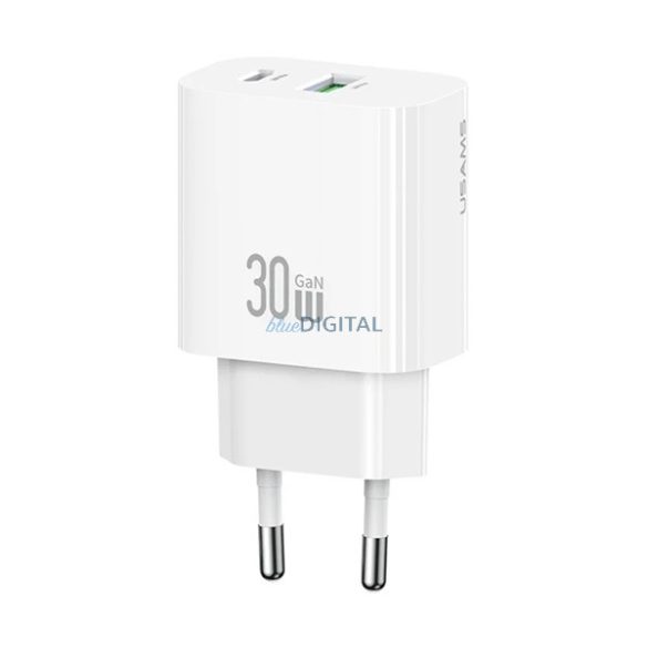 USAMS T65 hálózati töltő USB+Type-C aljzat (30W, PD gyorstöltő) FEHÉR