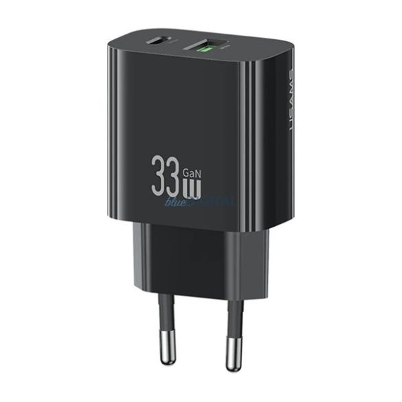 USAMS T65 hálózati töltő USB+Type-C aljzat (33W, PD gyorstöltő) FEKETE