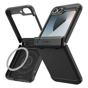 SPIGEN TOUGH ARMOR PRO műanyag telefonvédő (ütésállóság, kitámasztó, karbon minta, MagSafe) FEKETE Samsung Galaxy Z Flip6 (SM-F741), Galaxy Z Flip7 FE (SM-F761)