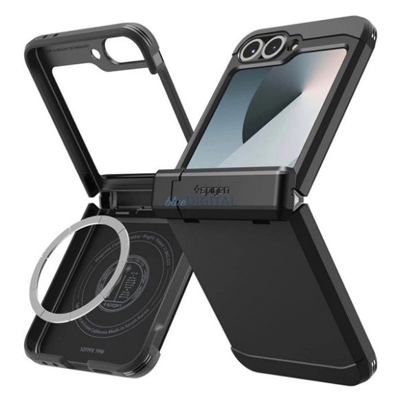 SPIGEN TOUGH ARMOR PRO műanyag telefonvédő (ütésállóság, kitámasztó, karbon minta, MagSafe) FEKETE Samsung Galaxy Z Flip6 (SM-F741), Galaxy Z Flip7 FE (SM-F761)