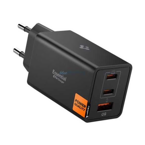 SPIGEN ESSENTIAL hálózati töltő USB+2 Type-C aljzat (67W, GaN, PD gyorstöltő 3.0) FEKETE