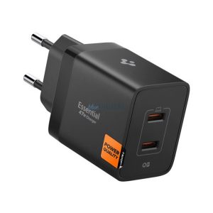 SPIGEN ESSENTIAL hálózati töltő 2 USB aljzat (47W, GaN, PD gyorstöltő 3.0) FEKETE