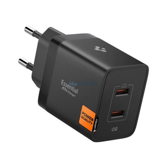 SPIGEN ESSENTIAL hálózati töltő 2 USB aljzat (47W, GaN, PD gyorstöltő 3.0) FEKETE