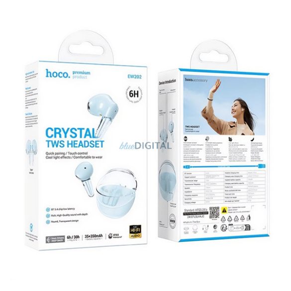 HOCO EW202 bluetooth fülhallgató SZTEREO (v5.4, TWS, mikrofon + töltőtok) VILÁGOSKÉK