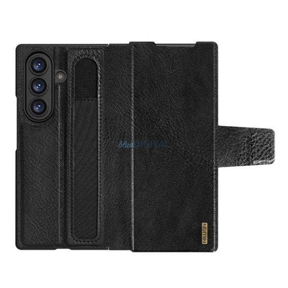 NILLKIN AOGE műanyag telefonvédő (valódi bőr hátlap, mikrofiber plüss belső, ceruza tartó) FEKETE Samsung Galaxy Z Fold7 (SM-F966)
