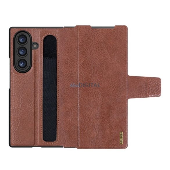 NILLKIN AOGE műanyag telefonvédő (valódi bőr hátlap, mikrofiber plüss belső, ceruza tartó) SÖTÉTBARNA Samsung Galaxy Z Fold7 (SM-F966)