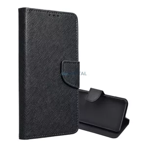 Tok álló, bőr hatású (FLIP, oldalra nyíló, asztali tartó, kártyazseb, textil hatás) FEKETE Samsung Galaxy S25 FE (SM-S731)