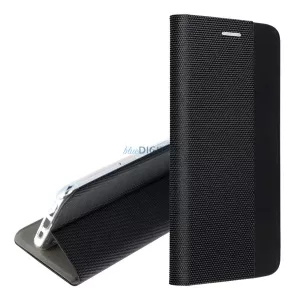 Tok álló, bőr hatású (FLIP, oldalra nyíló, asztali tartó, textil minta) FEKETE Samsung Galaxy S25 FE (SM-S731)