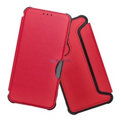   Tok álló, bőr hatású (FLIP, oldalra nyíló, ütésállóság, légpárnás sarok, kameravédő, karbon minta) PIROS Samsung Galaxy A17 5G (SM-A176)