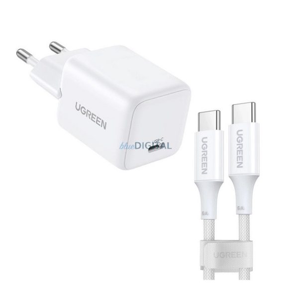 UGREEN X513 hálózati töltő Type-C aljzat (30W, GaN, PD gyorstöltő + Type-C kábel) FEHÉR