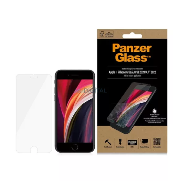PANZERGLASS STANDARD FIT ANTIBACTERIAL képernyővédő üveg (karcálló, antibakteriális) ÁTLÁTSZÓ Apple iPhone SE 2 (2020), iPhone SE (2016), iPhone 7 4.7