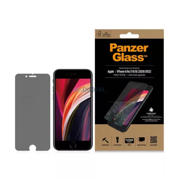 PANZERGLASS STANDARD FIT ANTIBACTERIAL PRIVACY képernyővédő üveg (antibakteriális, betekintés védelem) FEKETE Apple iPhone SE 2 (2020), iPhone SE (2016), iPhone 8 4.7