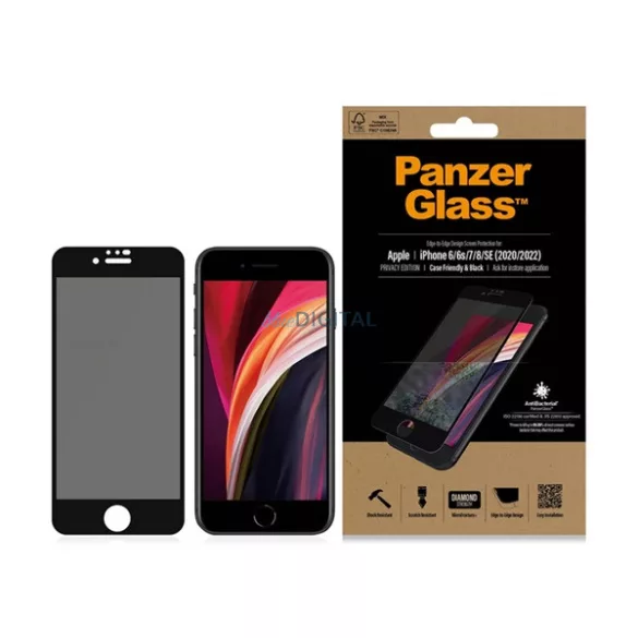PANZERGLASS EDGE-TO-EDGE ANTIBACTERIAL PRIVACY képernyővédő üveg (antibakteriális, betekintés védelem) FEKETE Apple iPhone SE 2 (2020), iPhone SE (2016), iPhone 8 4.7