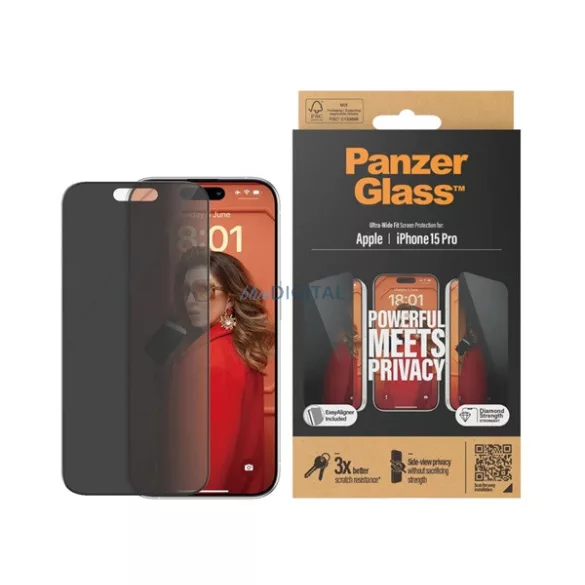 PANZERGLASS PRIVACY ULTRA-WIDE FIT képernyővédő üveg (3D, betekintés védelem + segédkeret) FEKETE Apple iPhone 15 Pro