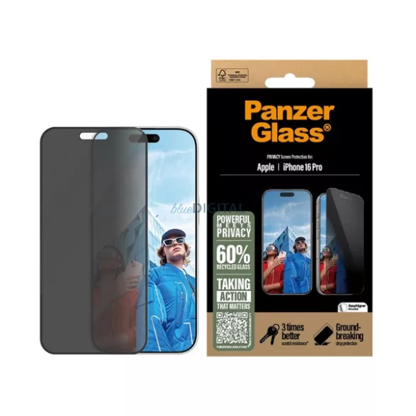 PANZERGLASS PRIVACY ULTRA-WIDE FIT képernyővédő üveg (3D, betekintés védelem + segédkeret) FEKETE Apple iPhone 16 Pro