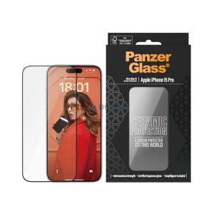 PANZERGLASS CERAMIC PROTECTION ULTRA-WIDE FIT képernyővédő üveg (3D, kerámia + segédkeret) FEKETE Apple iPhone 15 Pro